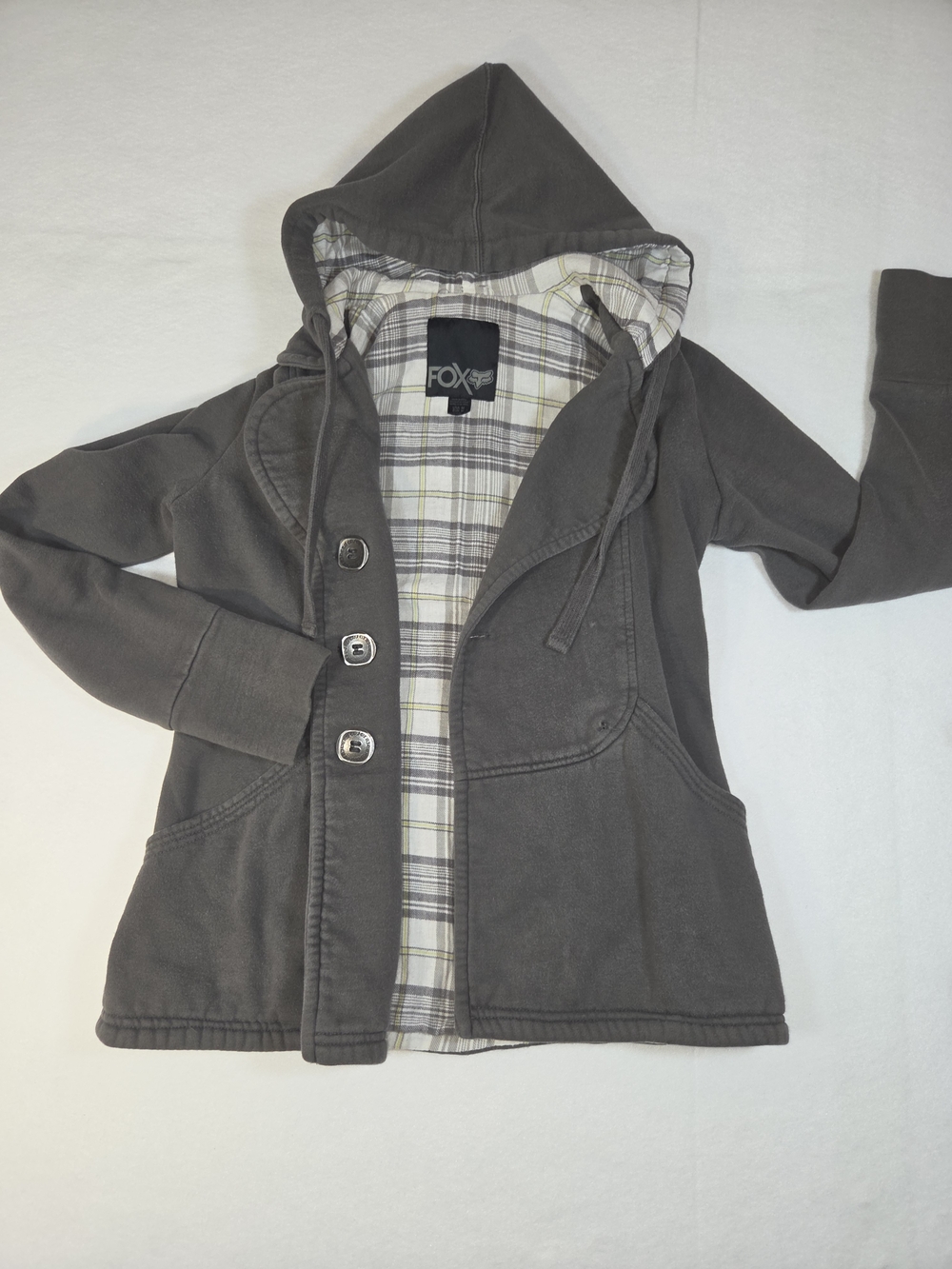 Fox Racing Hooded Jacket Women's Medium Grey Plaid Lined Asymmetric Button Y2K